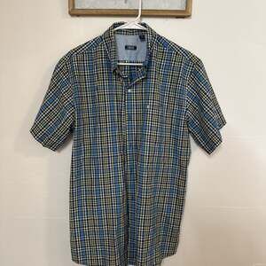 IZOD Men's Classic Fit Plaid Button-Down Shirt, Short Sleeve, Blue Yellow White